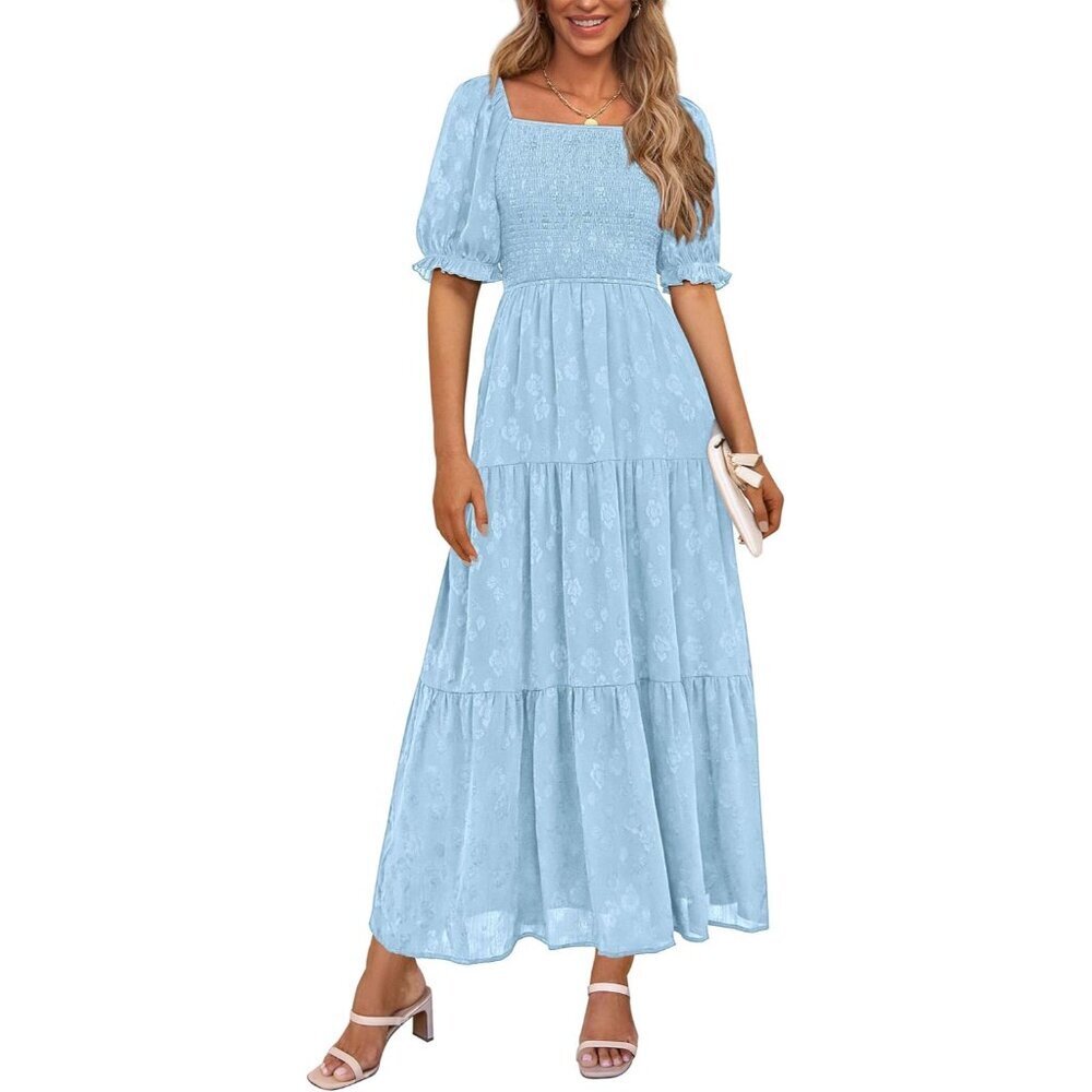 Women's Casual Midi Dress Floral Smocked A Line Short Sleeve Summer